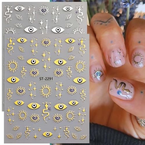 6 Sheets Evil Eye Nail Stickers for Nail Art,Gold Silver Metallic Evil Style-25