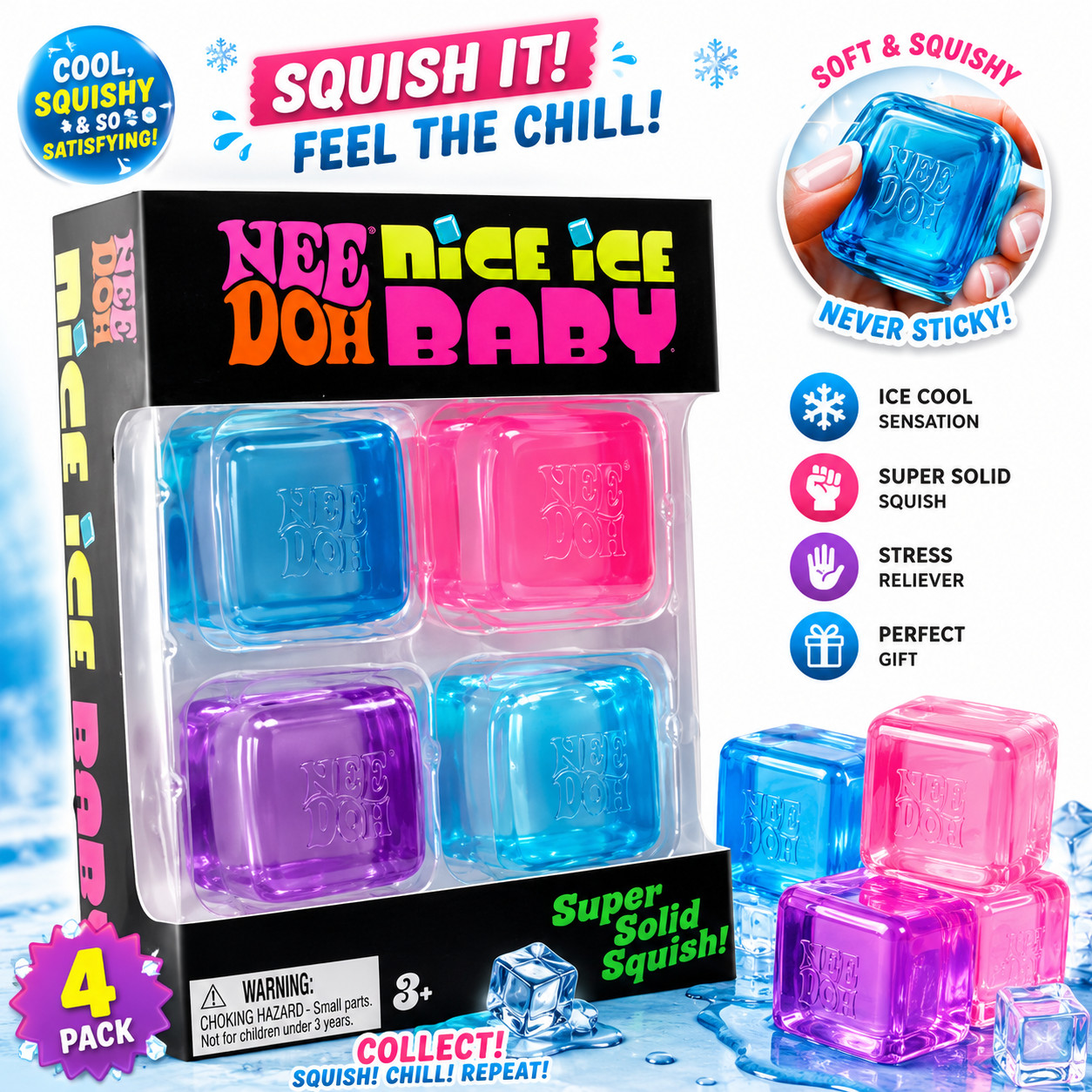 Nee Doh Nice Ice Baby Super Solid Squish Cube Set 4 Pack Pink/Blue/Purple