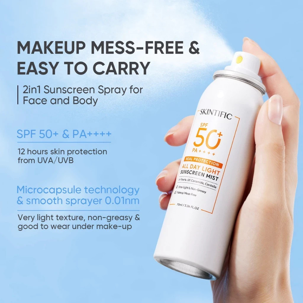 6X SKINTIFIC All Day Light Face Spray Sunscreen SPF50 PA+Clear Tinted Invisible