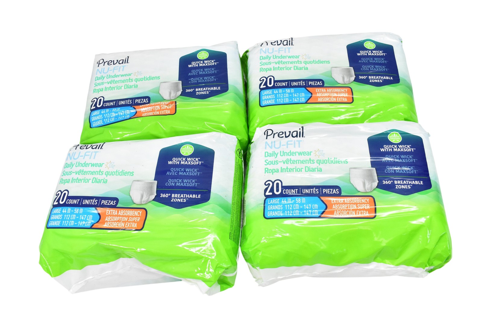 Prevail NU-FIT Daily Underwear Large 44-58in Extra Absorbency White Lot 4 20ct