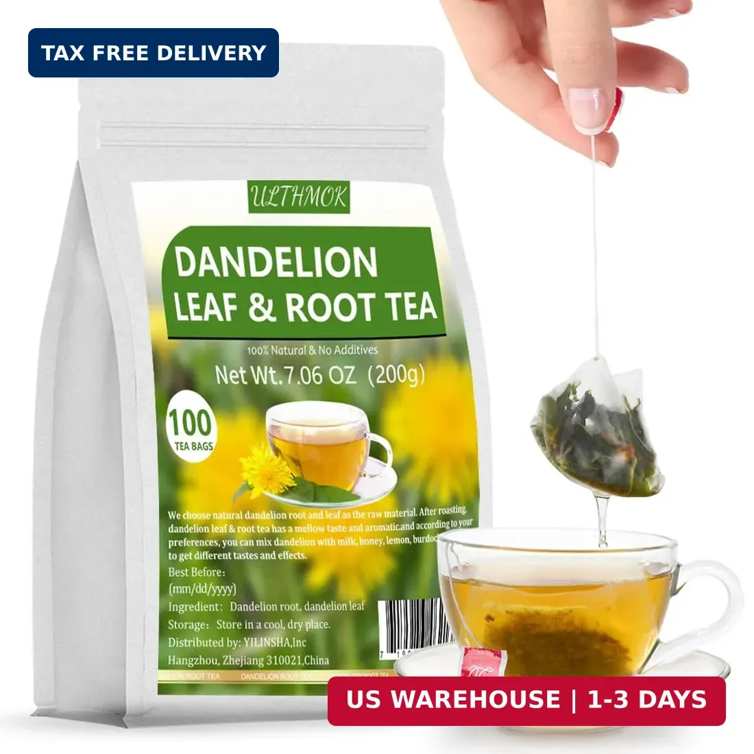 Dandelion Tea 100-Leaf & Root Herbal Tea Bags for Liver & Kidney Health Detox