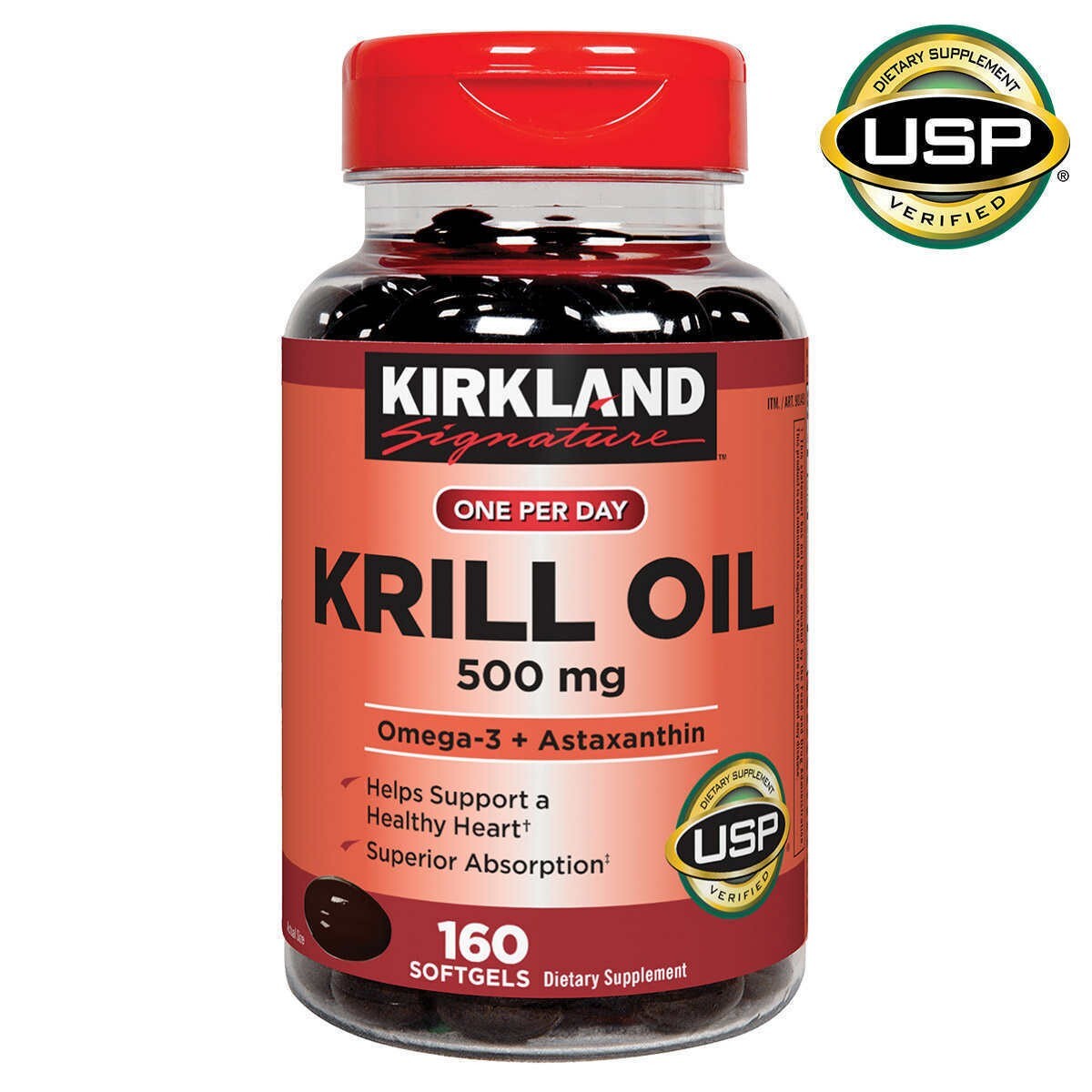 Kirkland Krill Oil 500 mg Omega-3 + Astaxanthin, 160 Softgels, Exp 07/2025