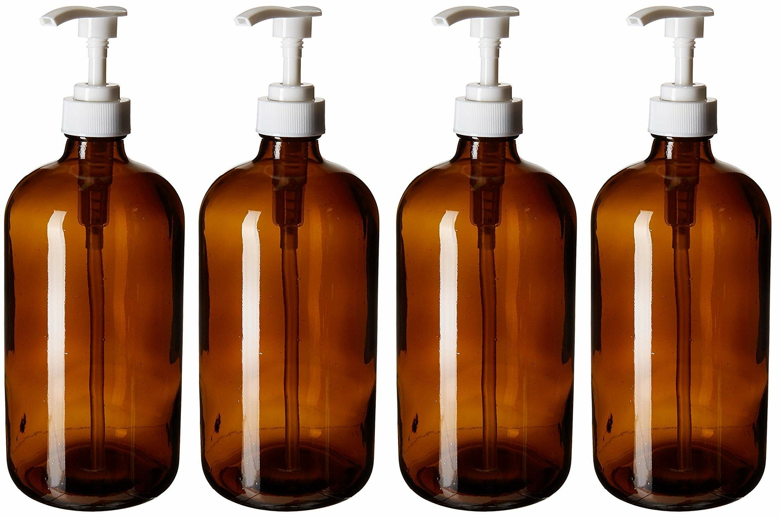 kitchentoolz 32-Ounce Large Amber Glass Boston Round Bottles with white pumps