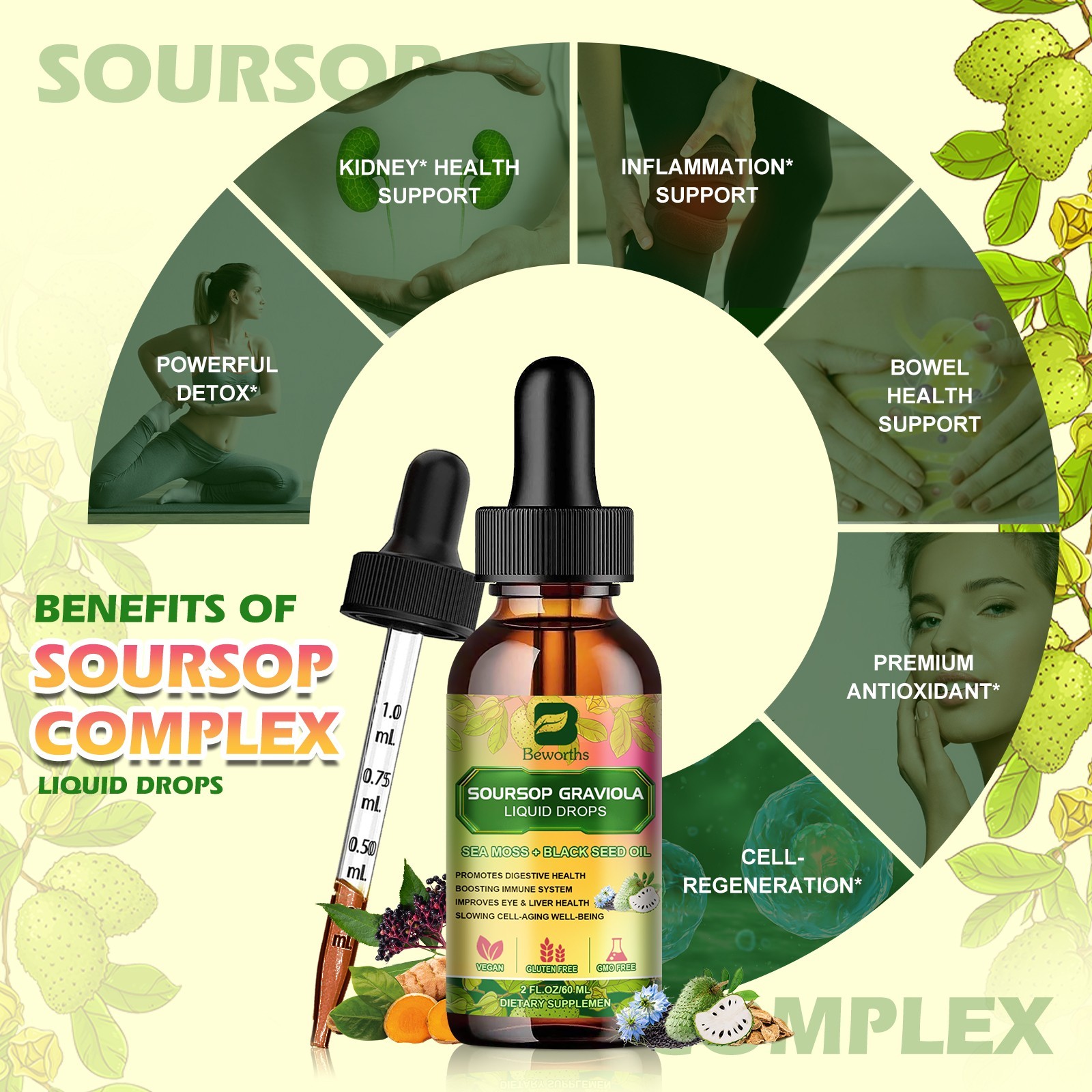 Soursop Graviola Extract Liquid Drop with Sea Moss Black Pepper Burdock Root