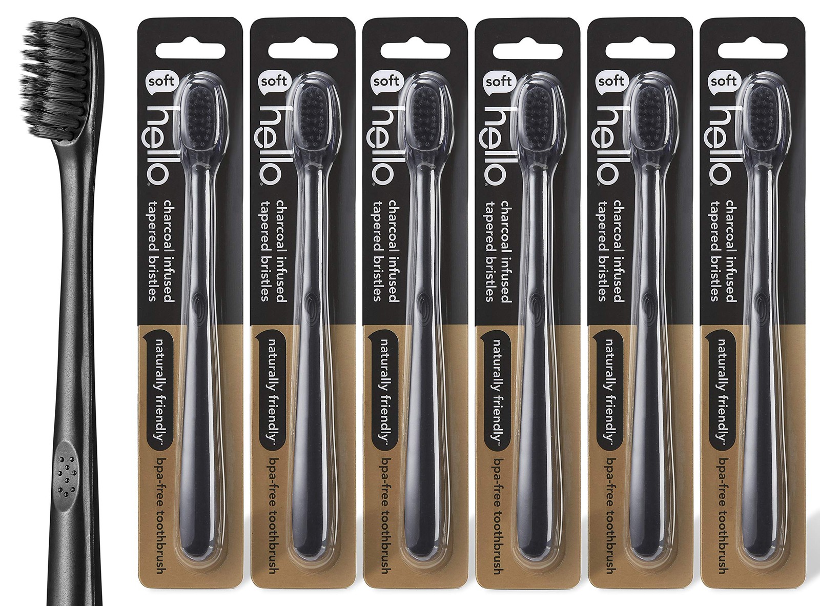 Hello Charcoal Infused Soft Bristle Toothbrush, BPA Free Black, Pack of 6