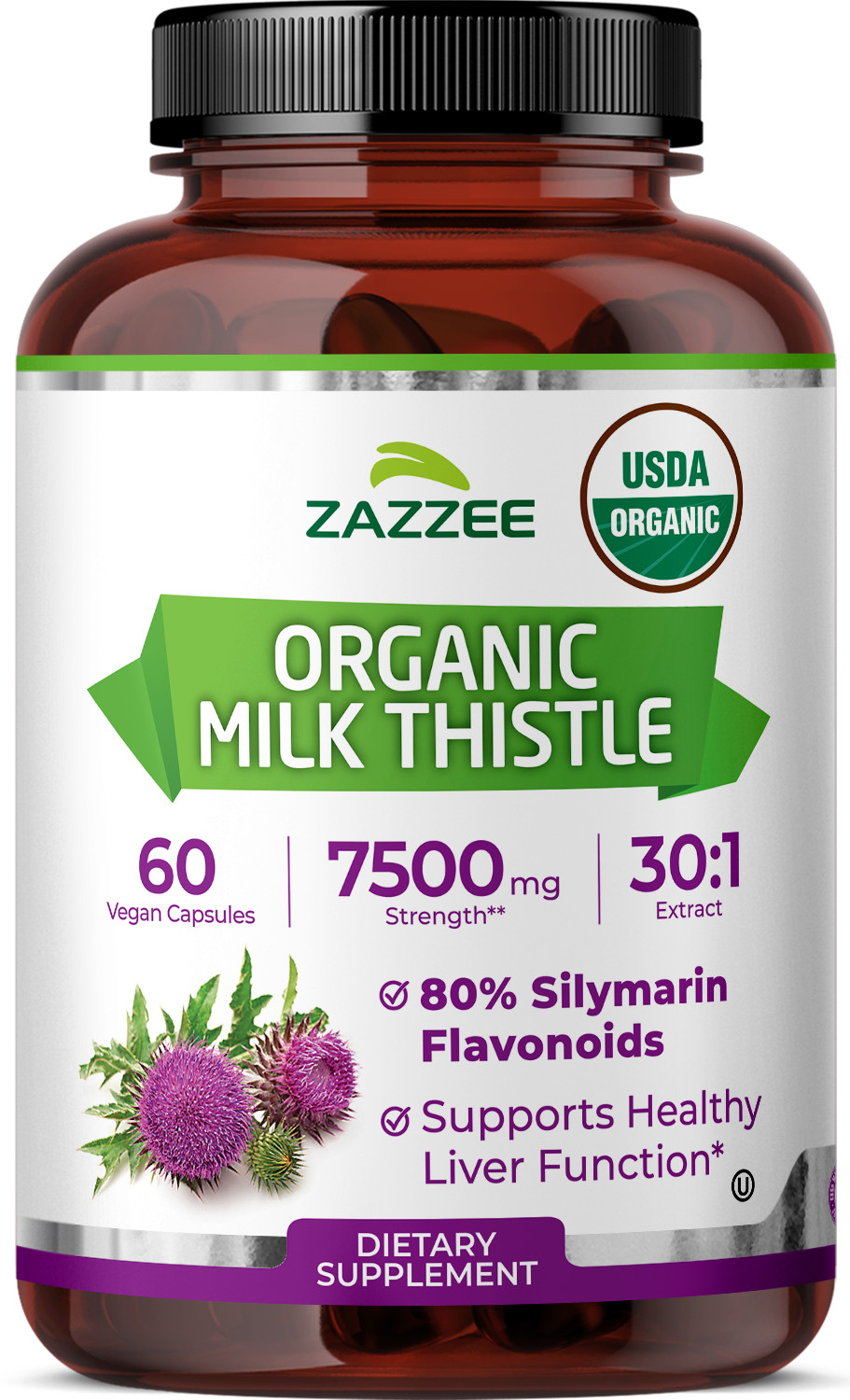 USDA Organic Milk Thistle 30:1 Extract, 7500 mg Strength, 60 Vegan Capsules