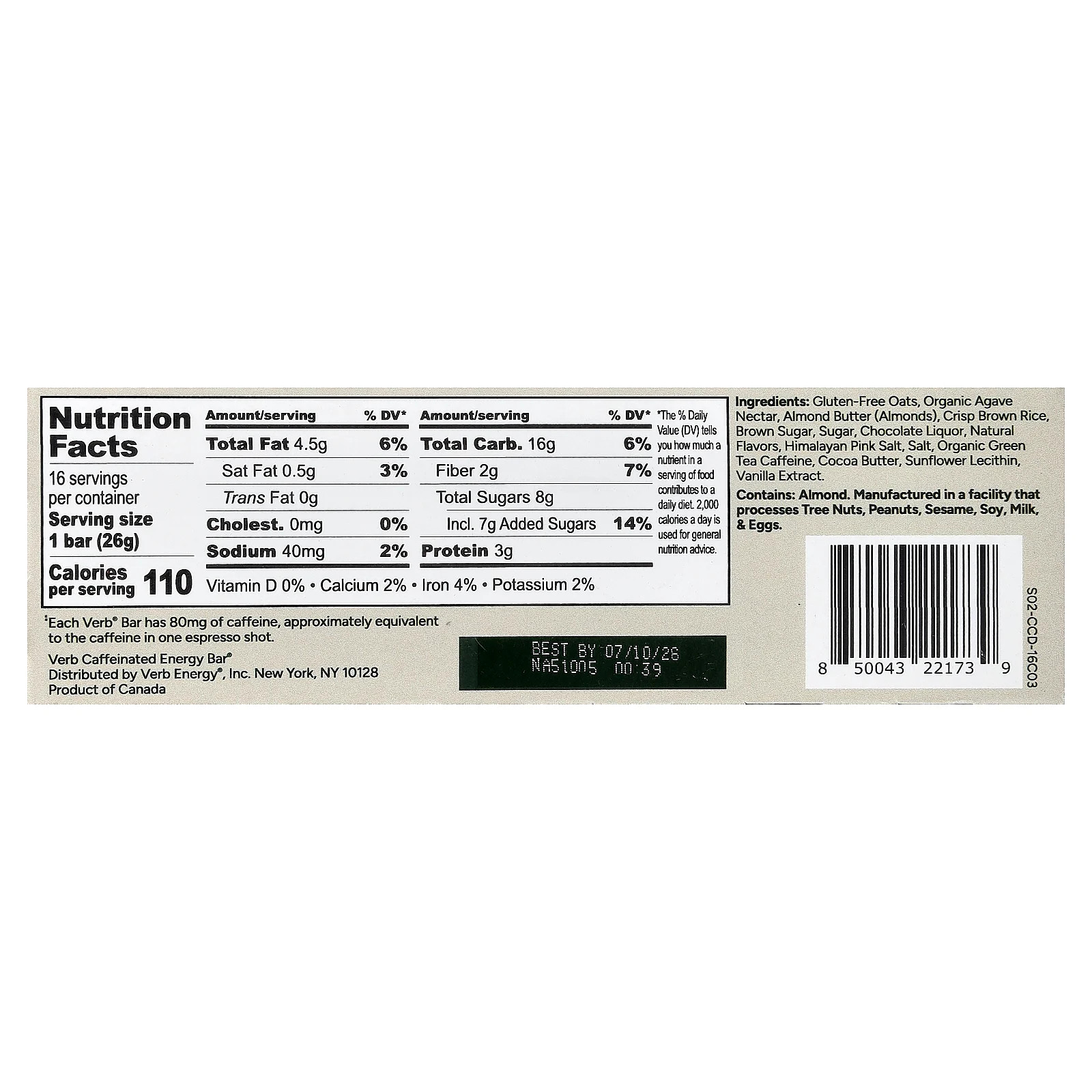 Caffeinated Energy Bars, Chocolate Chip Cookie Dough, 16 Bars, 0.92 oz (26 g)