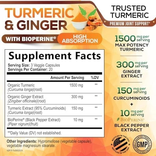 Turmeric Curcumin 1950mg 95% w/ Ginger & BioPerine Black Pepper Caps