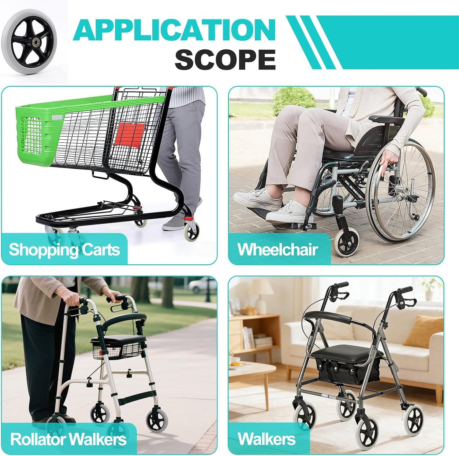 2Pcs 6 Inch Solid Wheelchair Replacement Wheels Rubber Material for Walkers, Rol