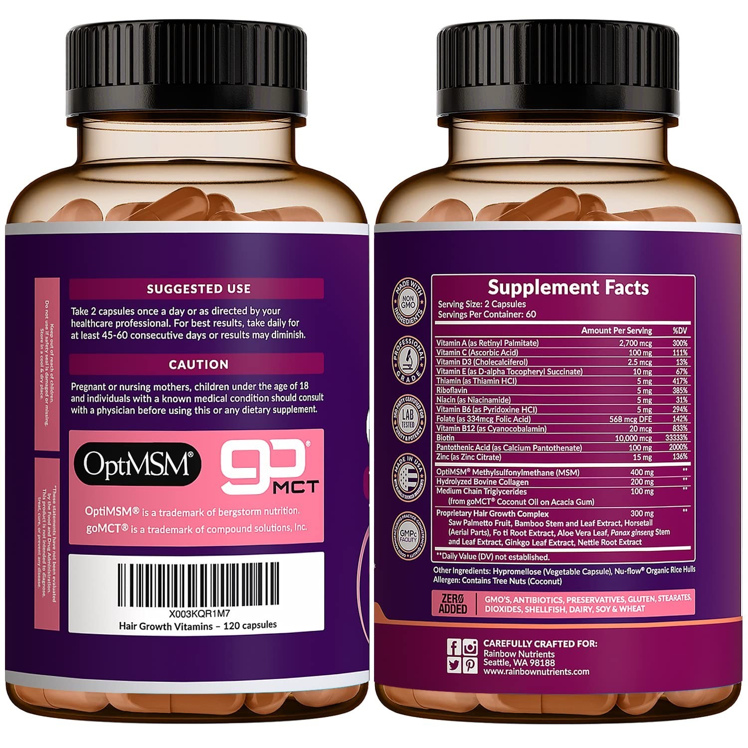 Hair Growth Vitamins for Women | Biotin 10000mcg Collagen Patented OptiMSM® g…