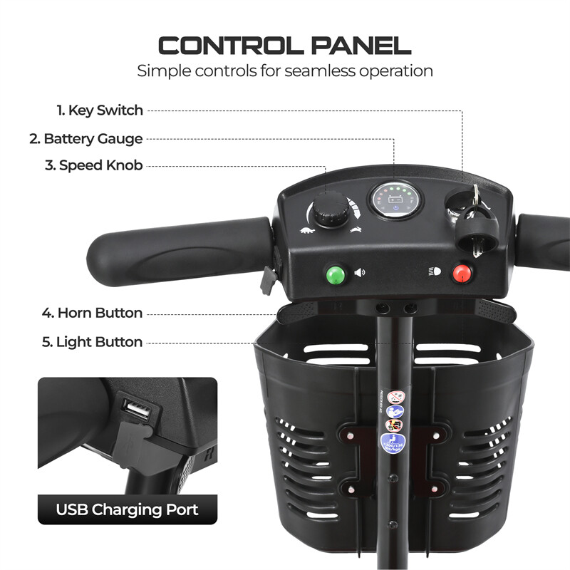 4 Wheels Foldable Mobility Scooter 20 Miles 330bs Capacity 5 MPH w/ LED Light