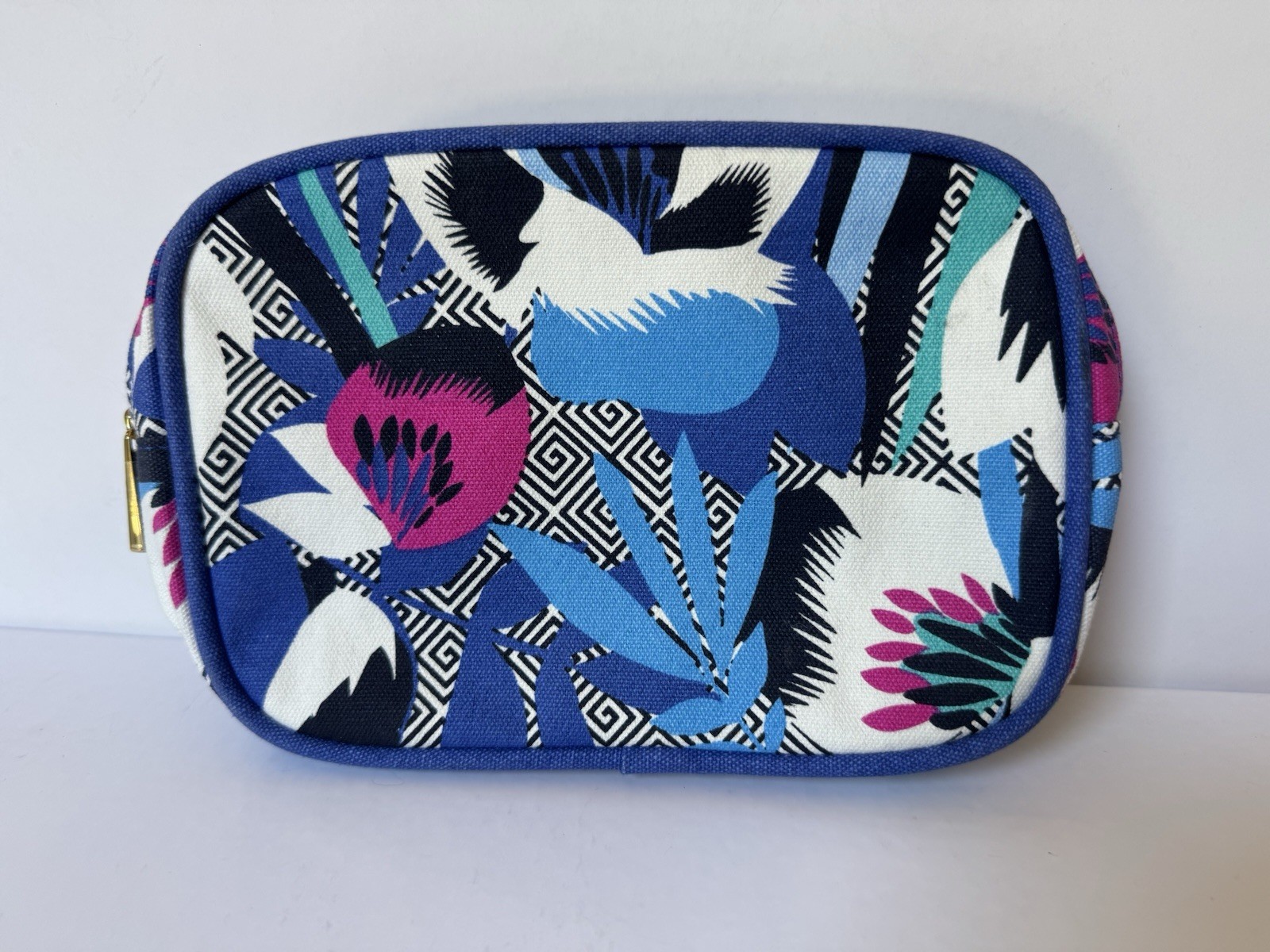 Estee Lauder Makeup Cosmetic Bag Tropical Abstract Print Blue White Pink Black