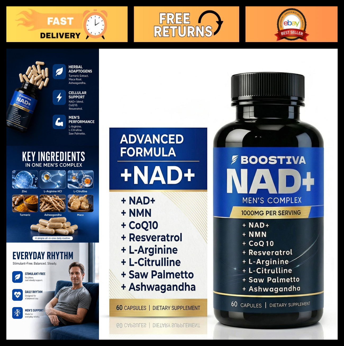 NAD+ Supplements for Men – Anti-Aging, Stamina Boost with Resveratrol, CoQ10, L-