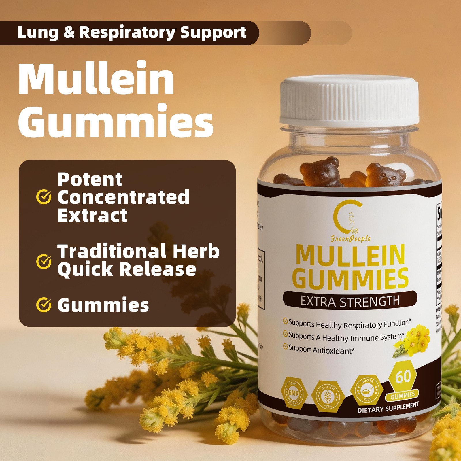 100% Natural Mullein Leaf Gummies Extra Strength Detox Cleanse Lung Health 60pcs