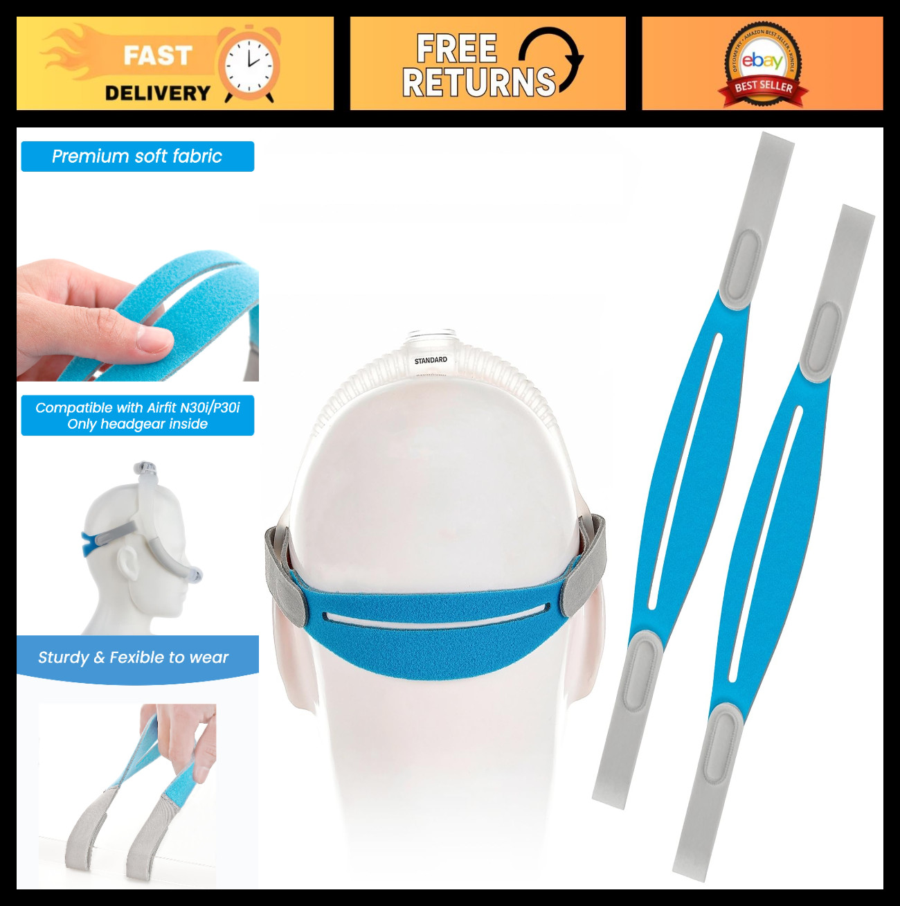 2 Packs Adjustable Headgear Straps for AirFit N30i/P30i, Soft Stretchy Comfort F