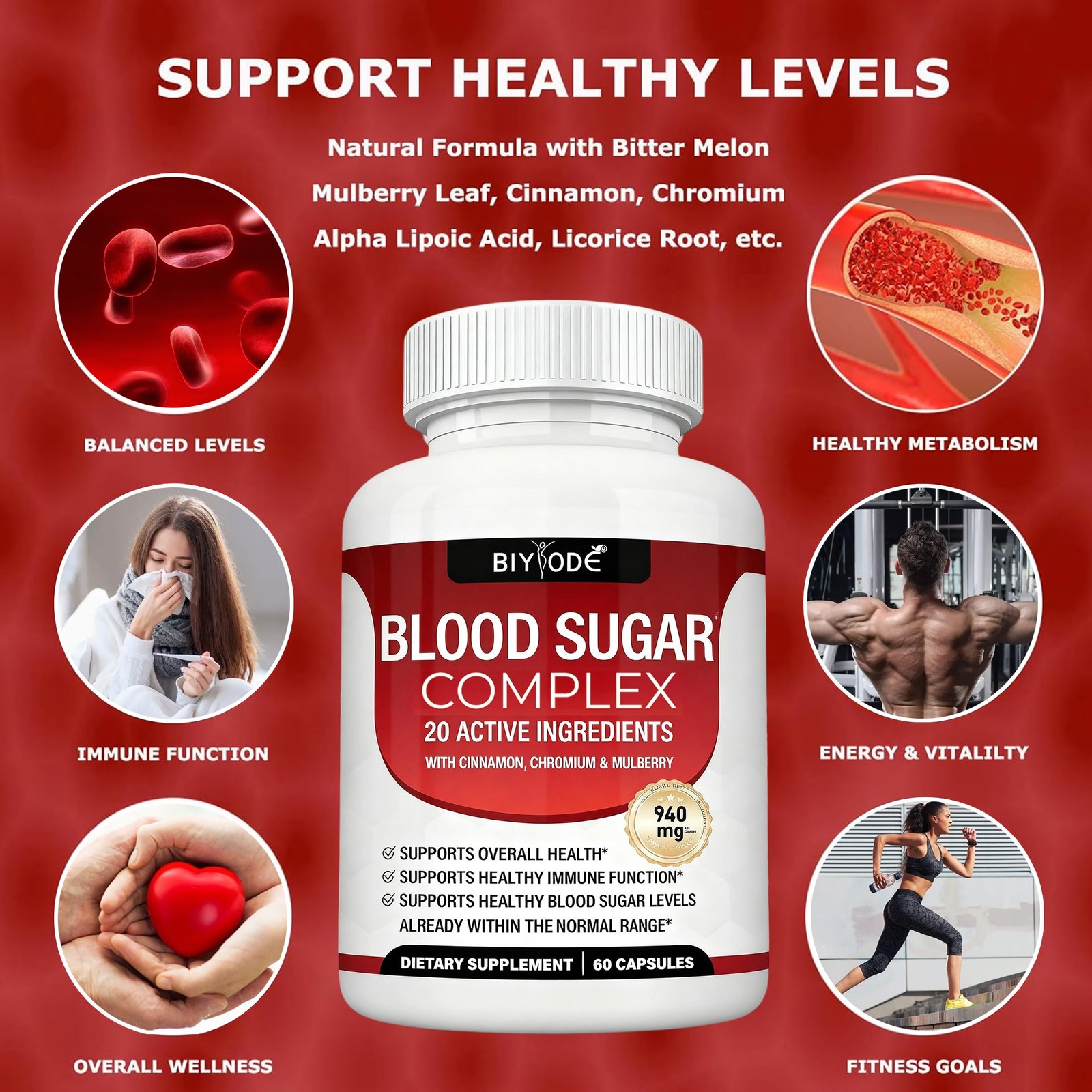 1-5PCS Blood Complex Sugar includes/ Cinnamon, Chromium & Mulberry 60 Capsules