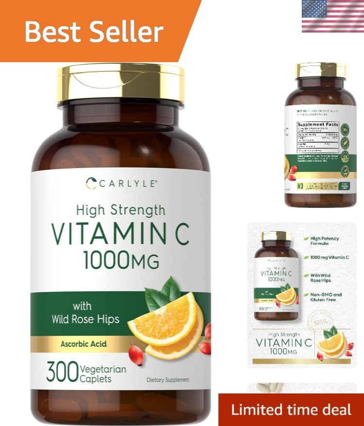 1000mg Gluten-Free Vitamin C Supplement – 300 Vegetarian Caplets with Rose Hips