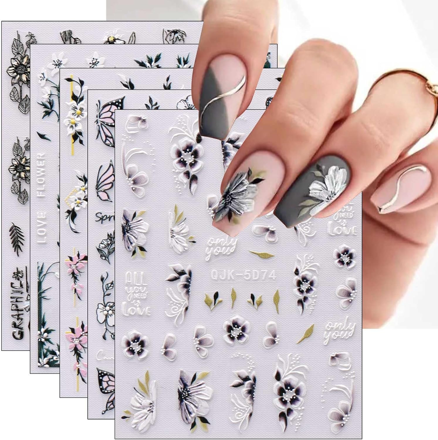 6 Sheets 3D Embossed Spring Flower Nail Art Stickers Decals Self-Adhesive Peg…