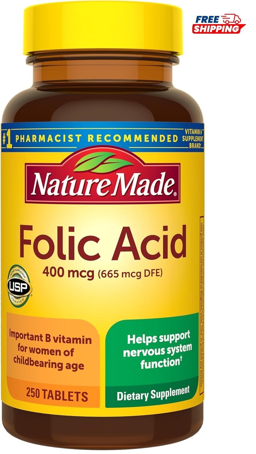 Nature Made Folic Acid 400 mcg 250 Tablets 250 Day Nervous System Support