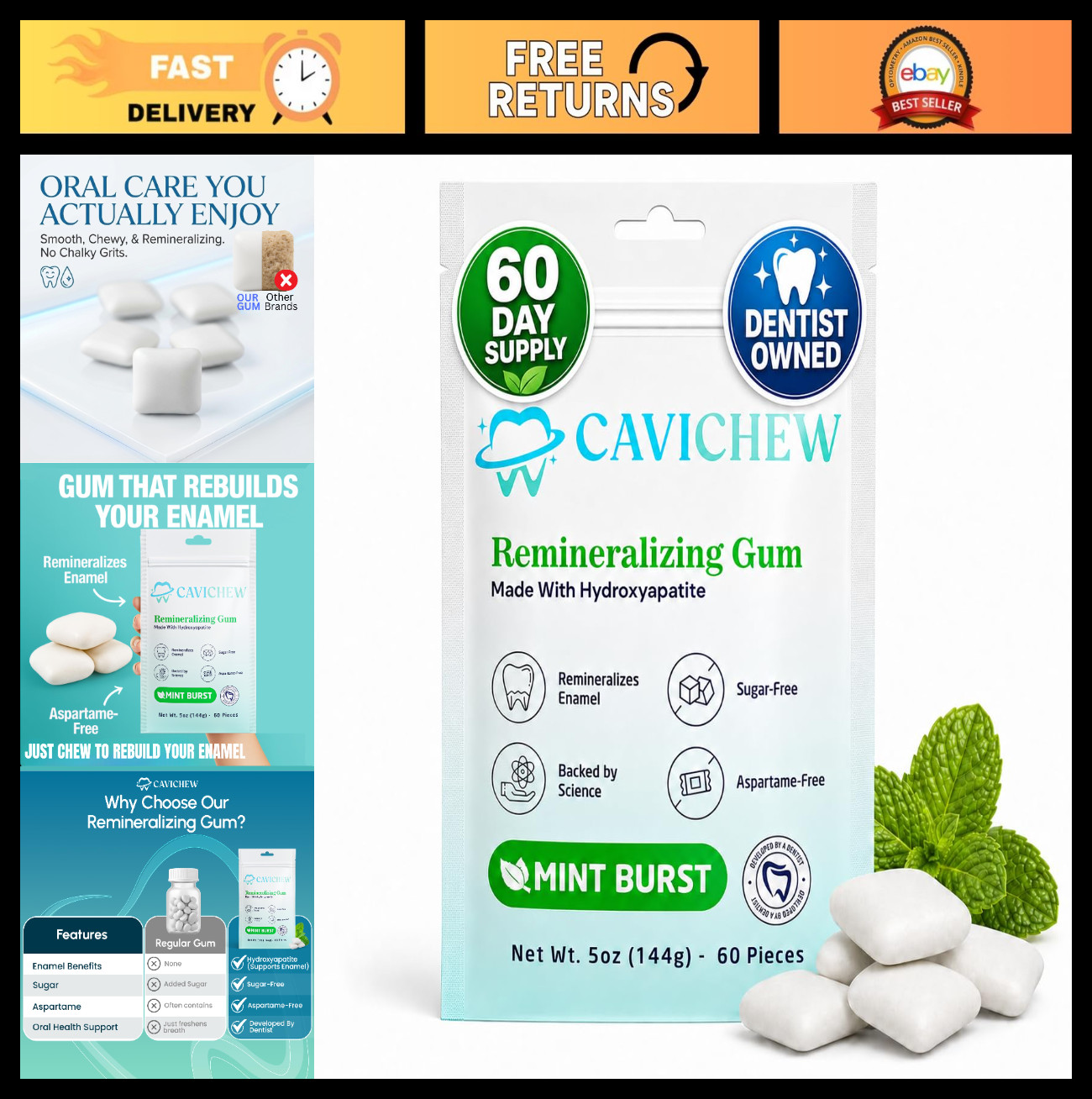 Sugar-Free Remineralizing Gum with Nano Hydroxyapatite & Xylitol – Mint Flavor,