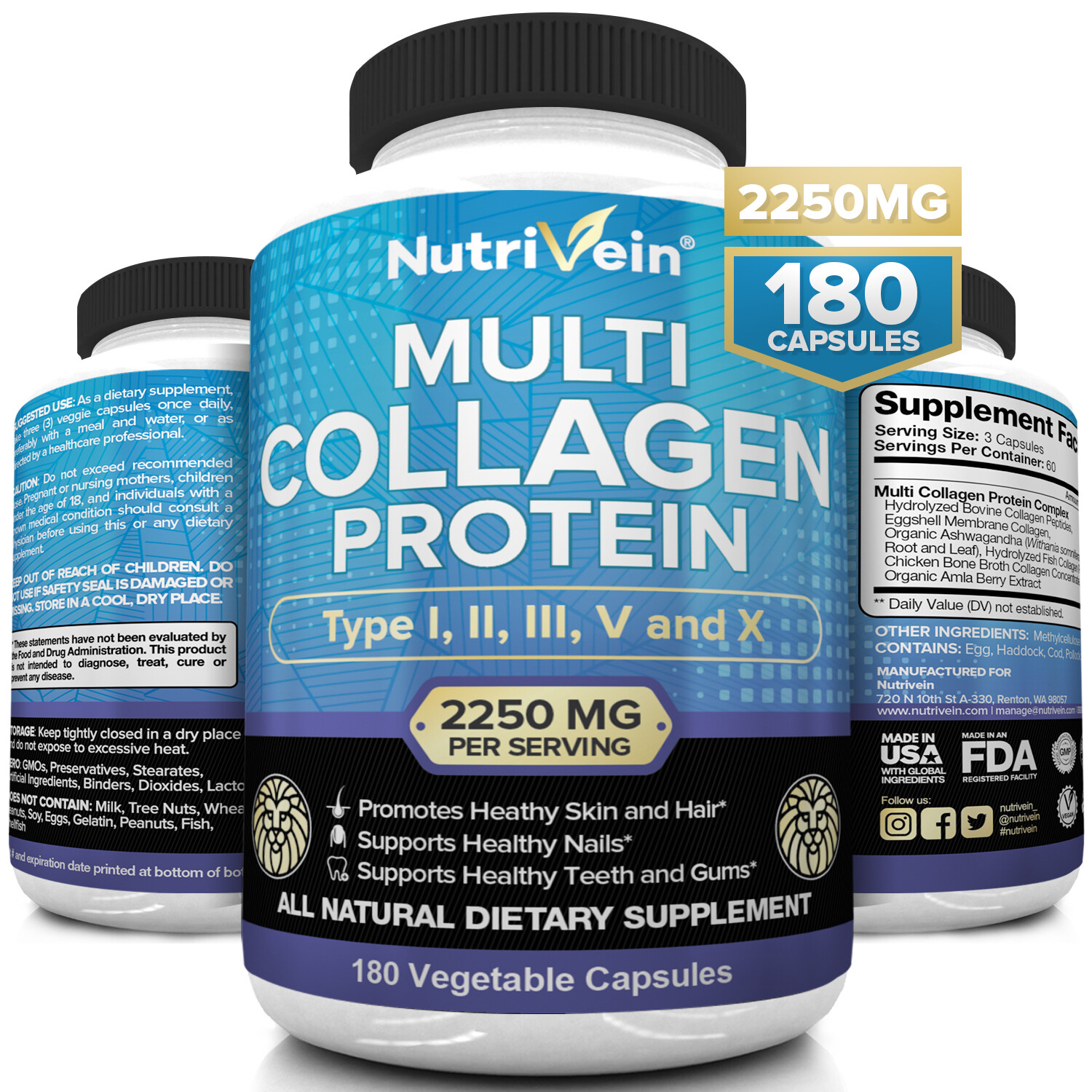 Nutrivein Multi Collagen Pills 2250mg – 180 Capsules – Hair, Skin, Nails, Bones