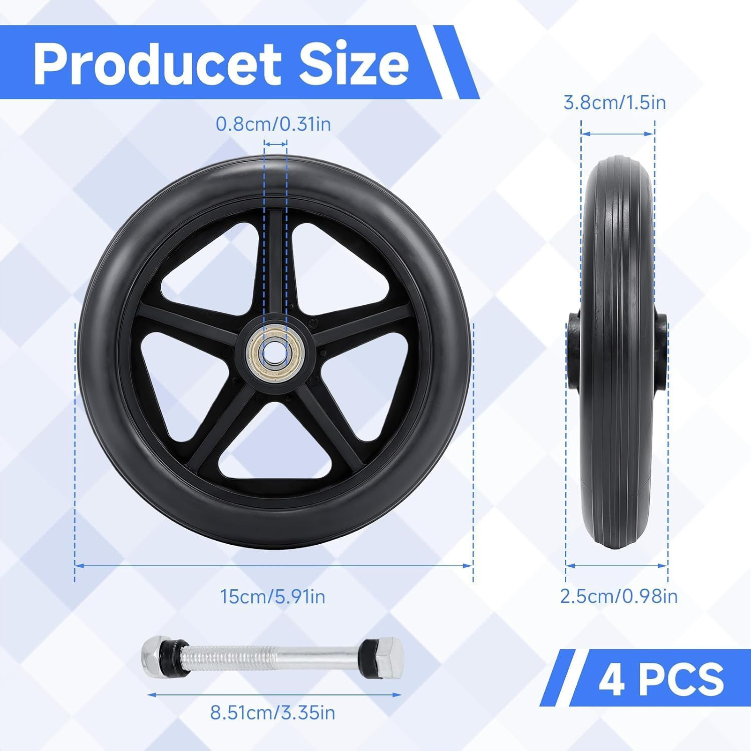 4 Pack 6″ Solid Front Caster Wheels for Walkers, Heavy-Duty Office Wheelchair Fr
