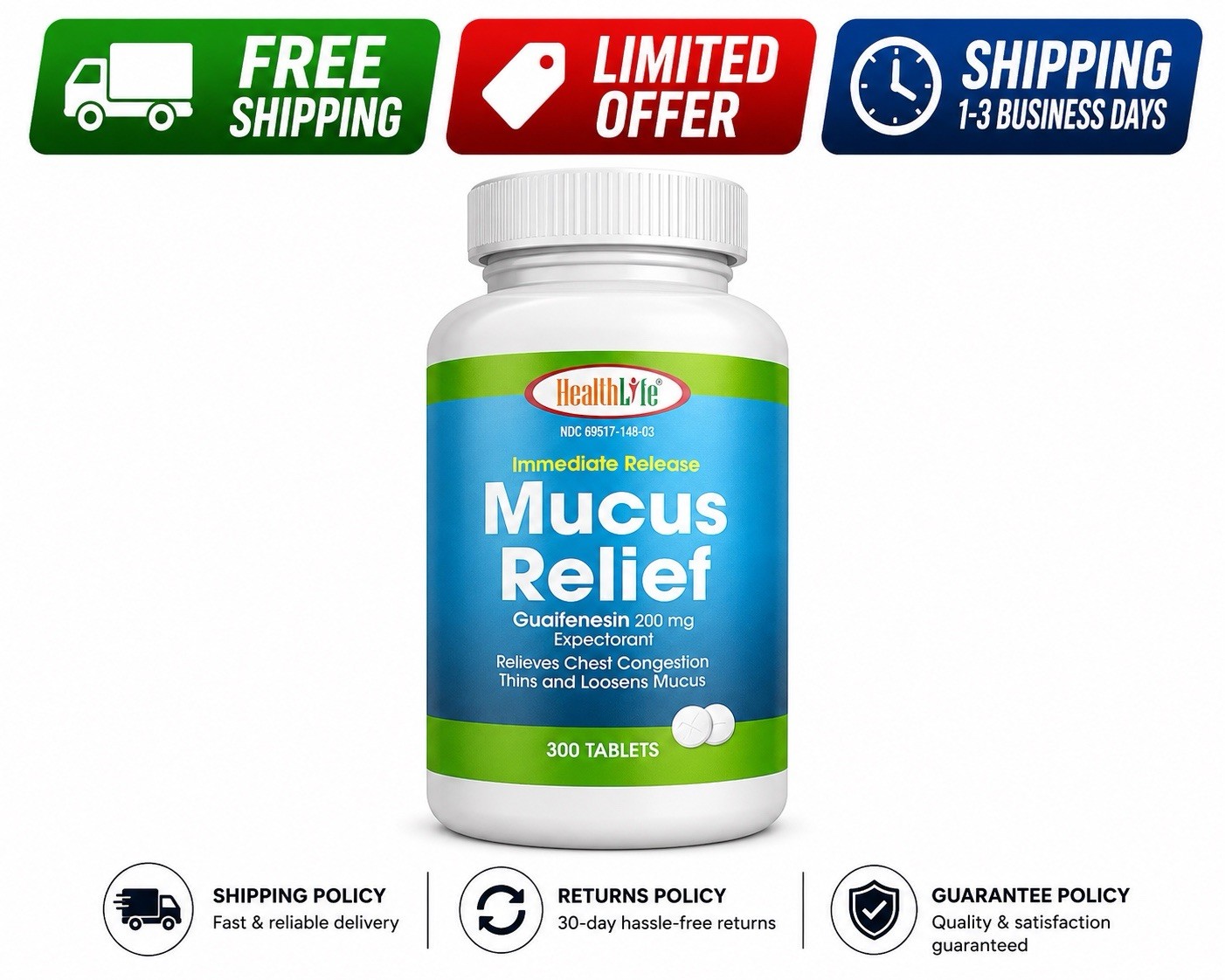 Mucus Relief Guaifenesin Caplets 400 Mg, Immediate Release Fast Acting – USA
