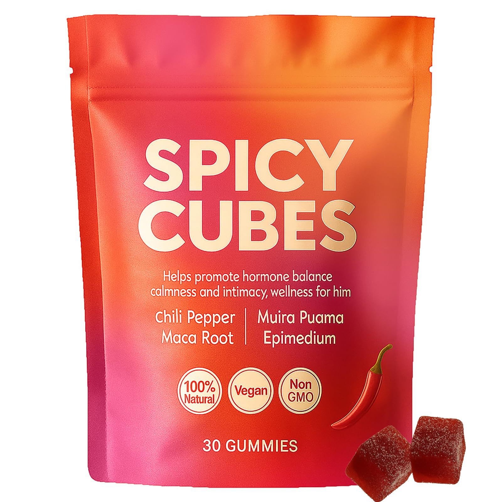 Cubes Spicy Hot Peach Gummy Plus Chili Pepper, Maca Root And Muira Puama Gummy