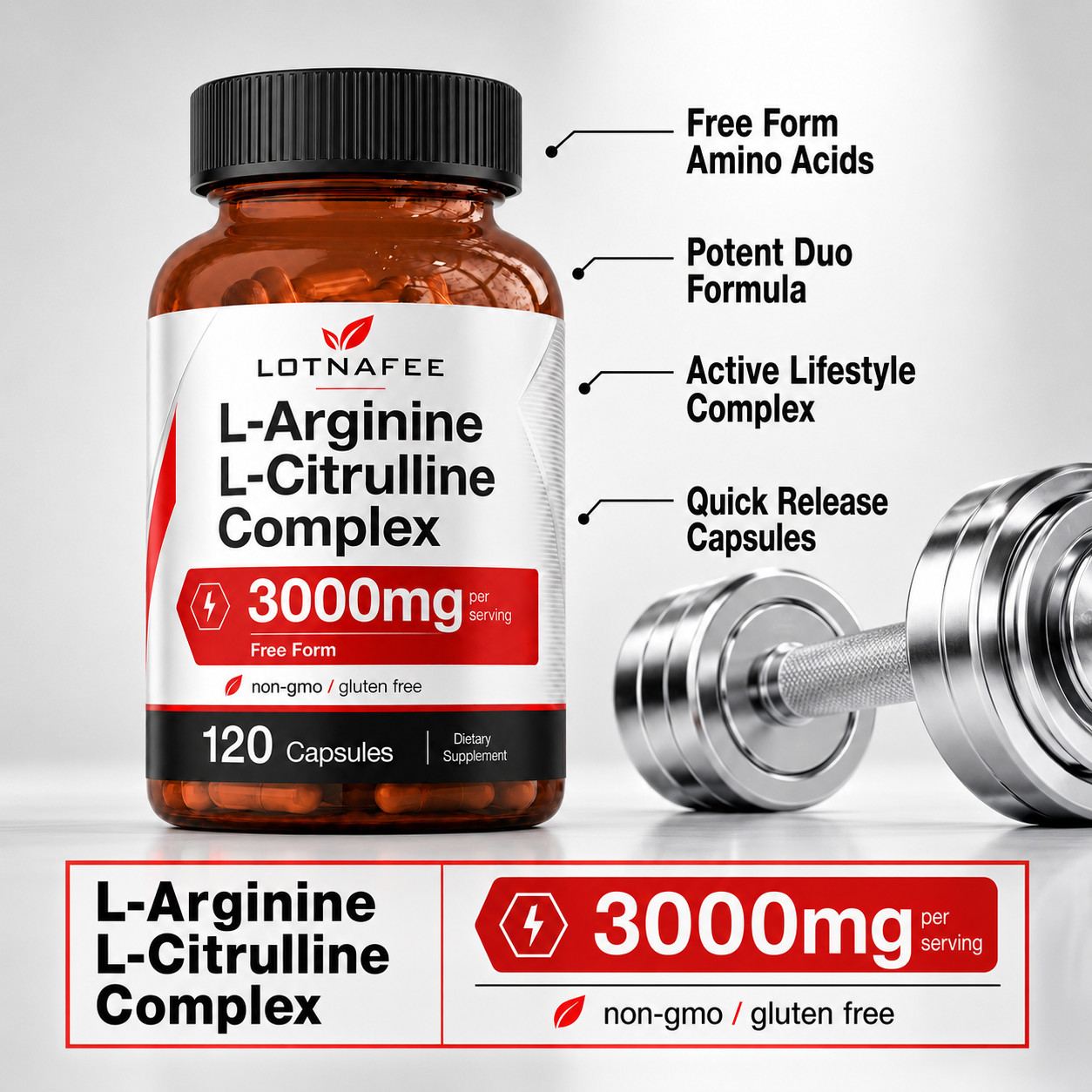 L-Arginine L-Citrulline Complex | 3000mg | 120 Capsules | Non-GMO | by Lofnafee