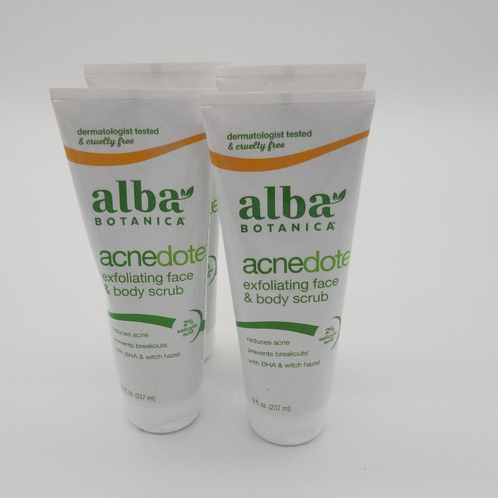 Alba Botanica AcneDote Face & Body Scrub 8 fl oz, 2% Salicylic Acid *lot of 4*