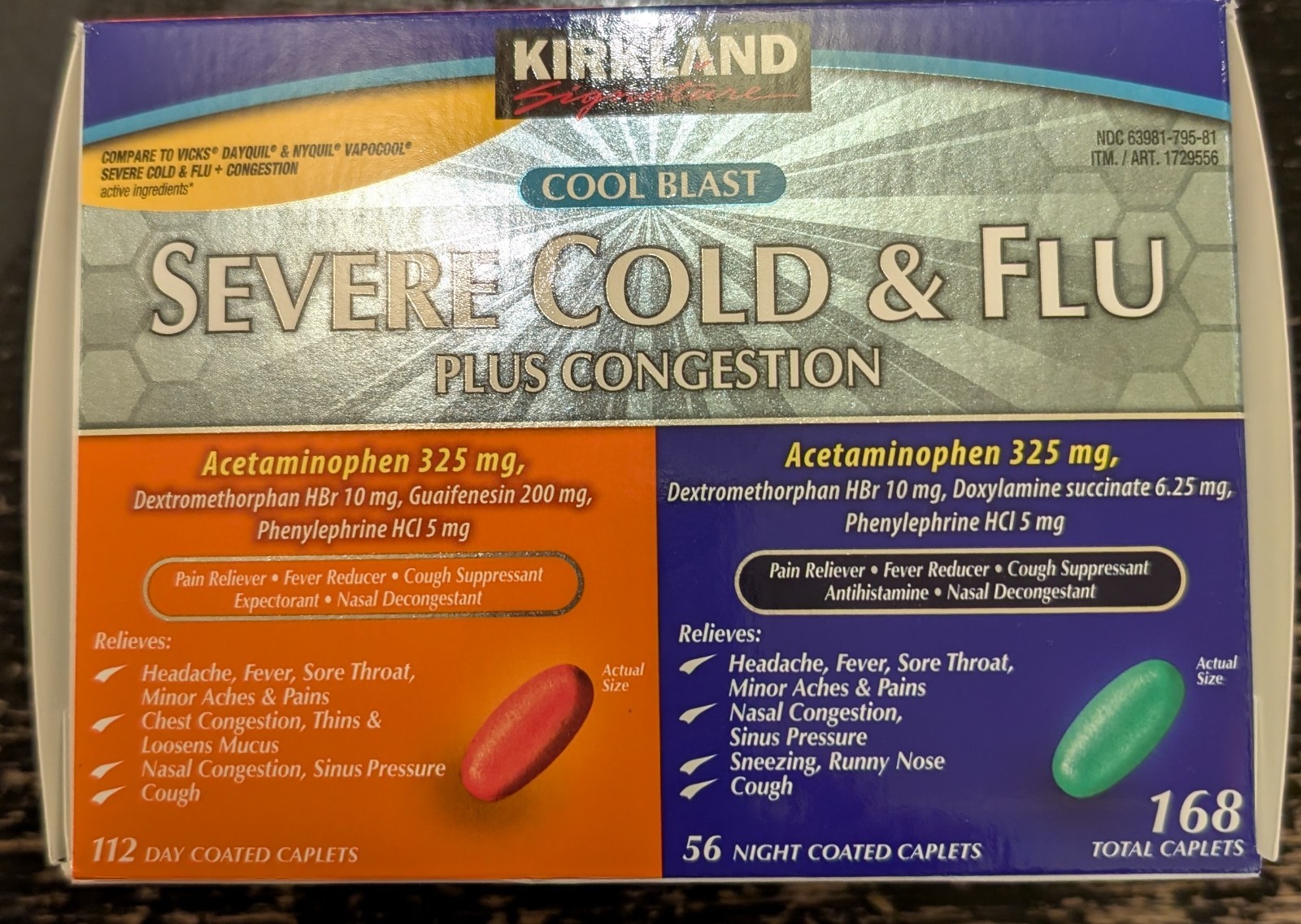 Kirkland Signature Severe Cold & Flu Plus Congestion 168 Caplets (EXP: 10/2026)