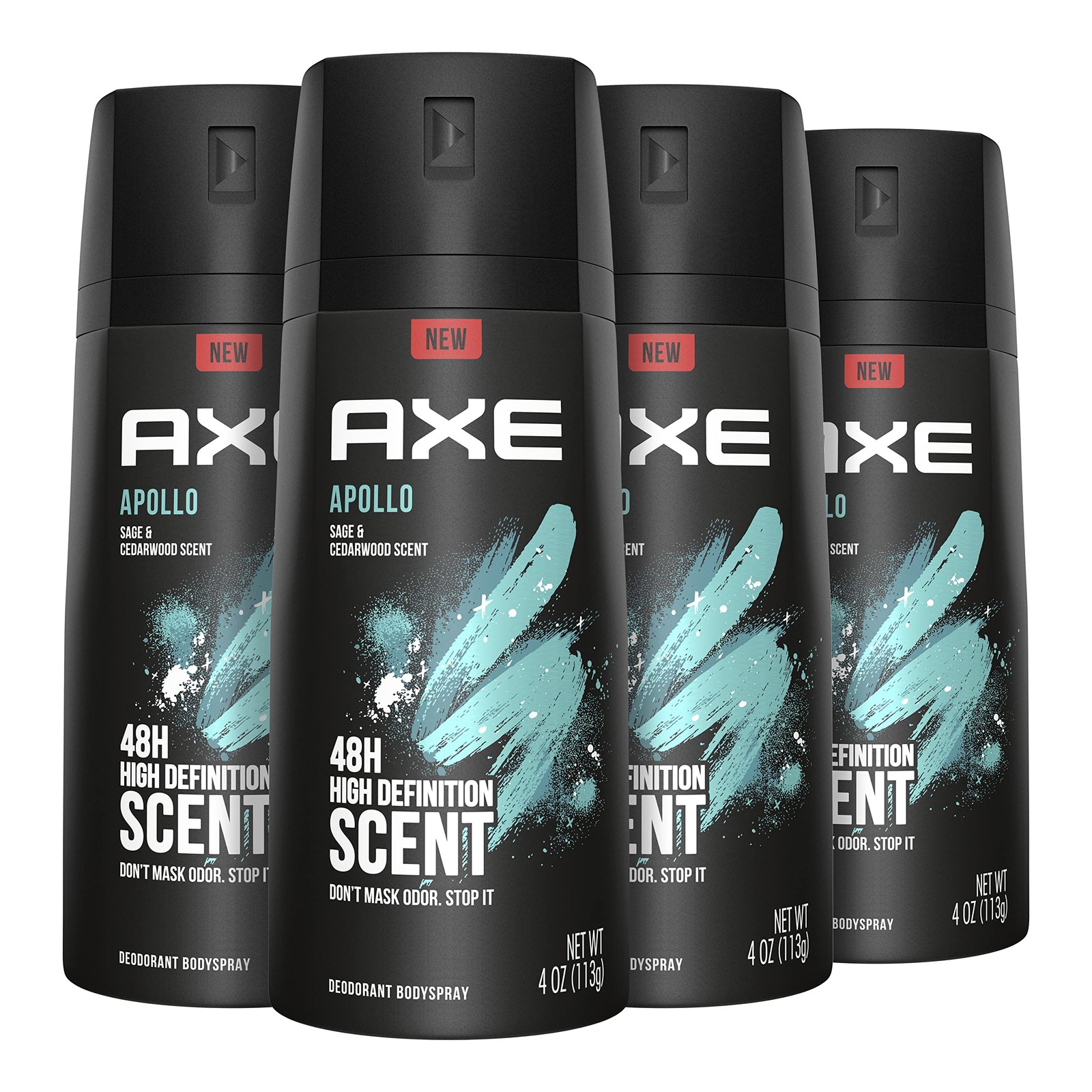 AXE Apollo Body Spray Deodorant for Long-Lasting 4 Ounce (Pack of 4), Black