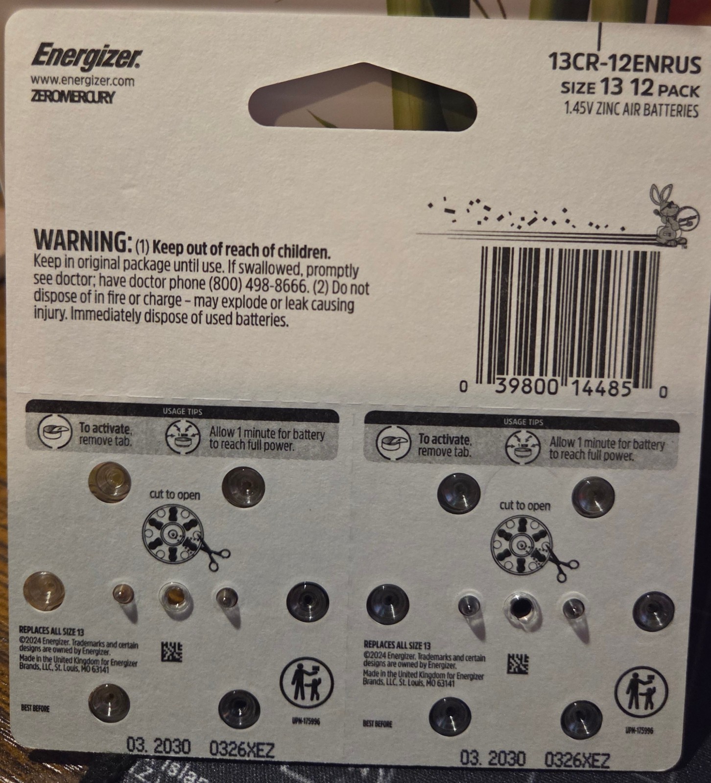 Energizer Size 13 Hearing Aid Batteries -12 Count – 13CR-12ENRUS Exp. 2030