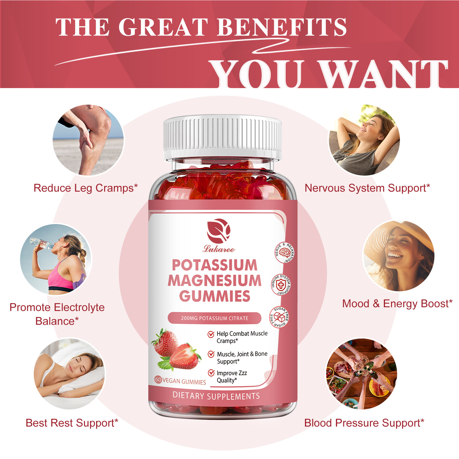 Potassium Magnesium 60Gummies High Absorption Magnesium Glycinate 200Mg&Potass
