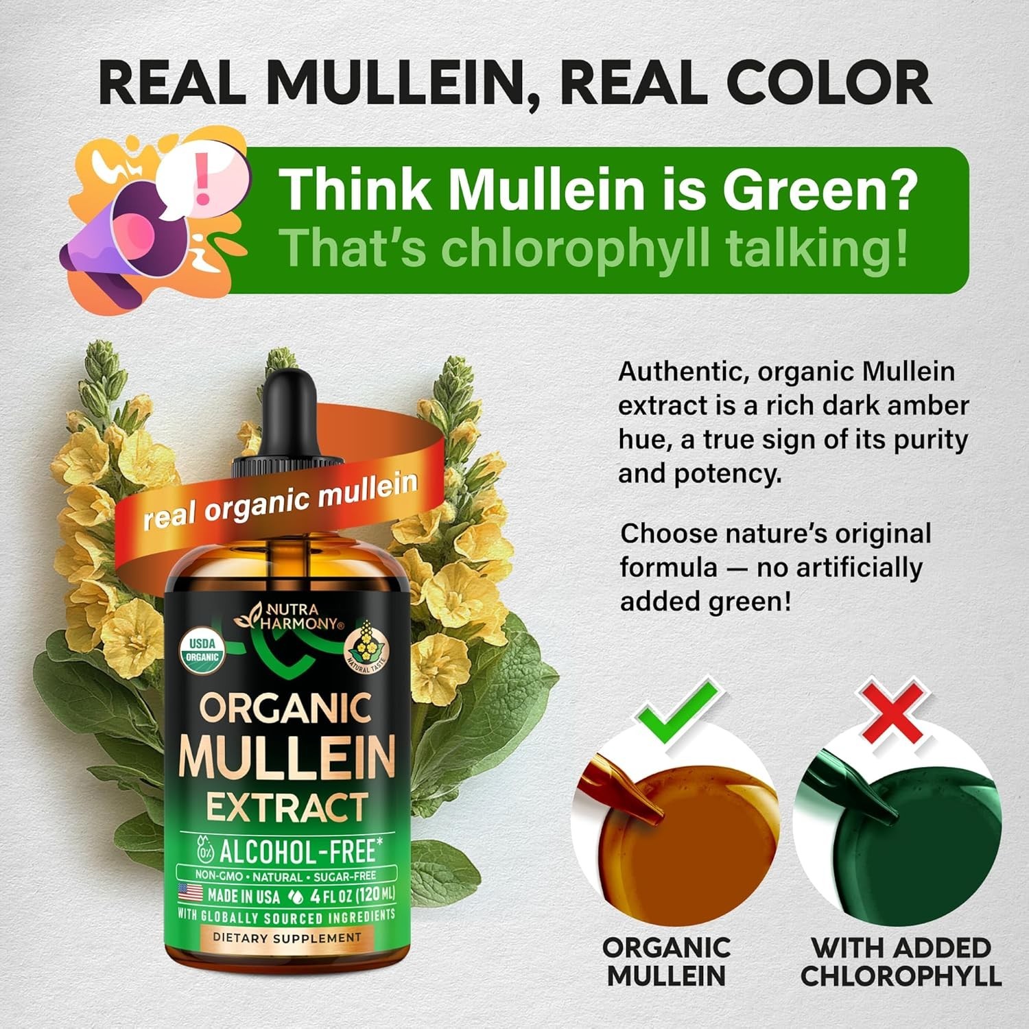 USDA Organic Mullein Leaf Drops 4 fl oz, Alcohol-Free Respiratory Support, USA