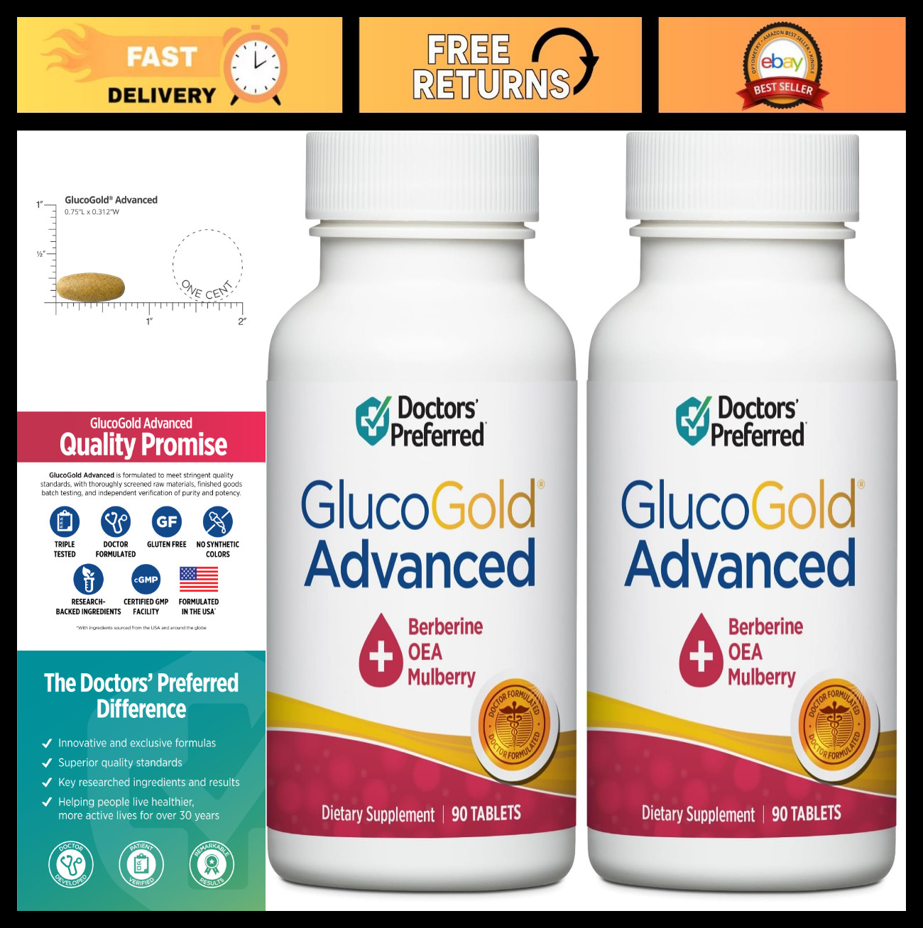 GlucoGold Advanced Berberine 1000mg with Cinnamon & Chromium – 90 Tablets x2 Pac