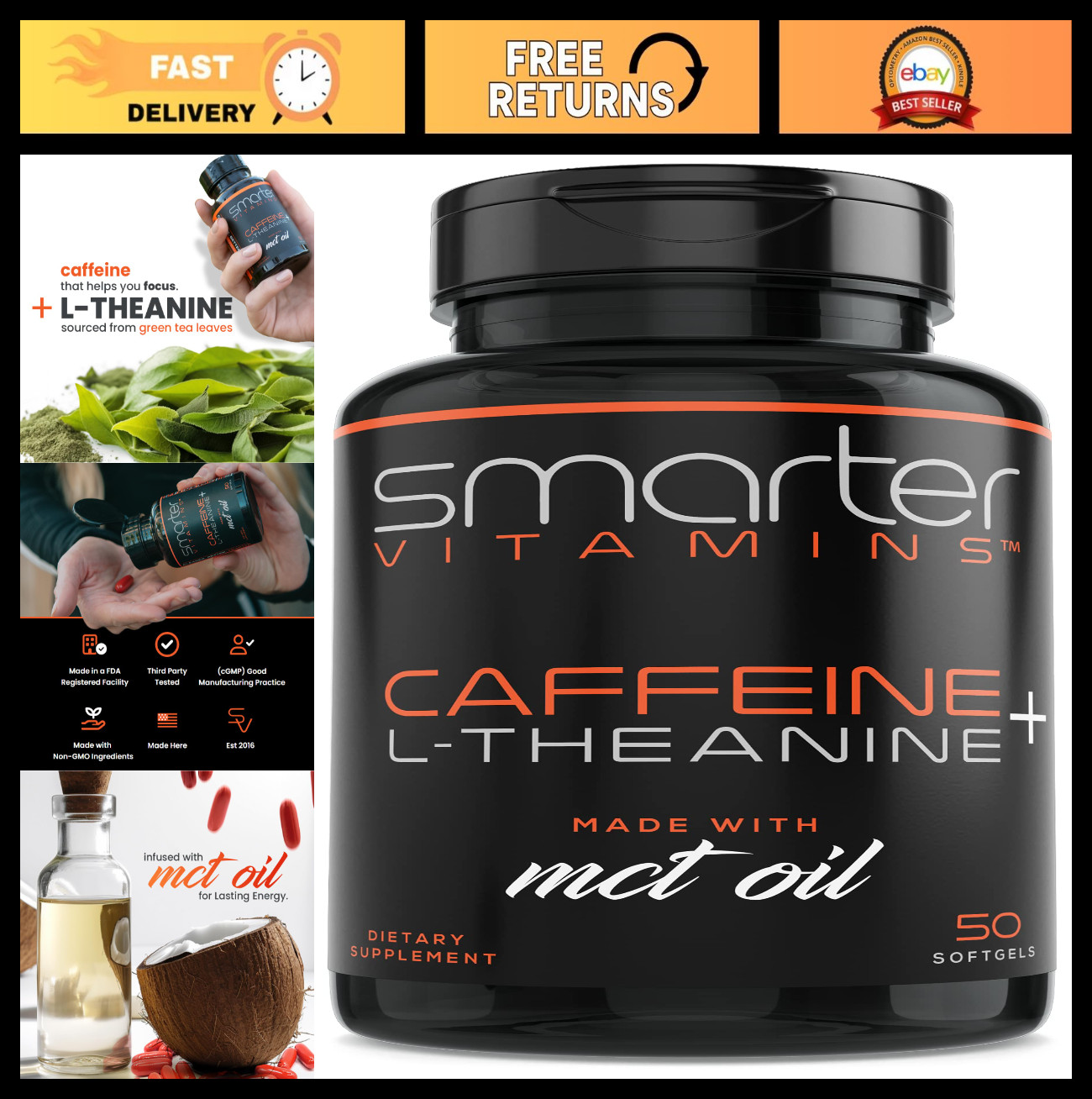 Caffeine Pills 200mg with MCT Oil & L-Theanine – Energy & Focus, 50 Softgels