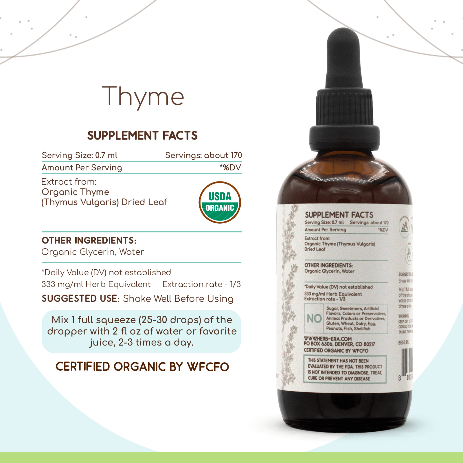 HerbEra Thyme Alcohol-FREE Herbal Tincture Organic Thyme (Thymus Vulgaris)