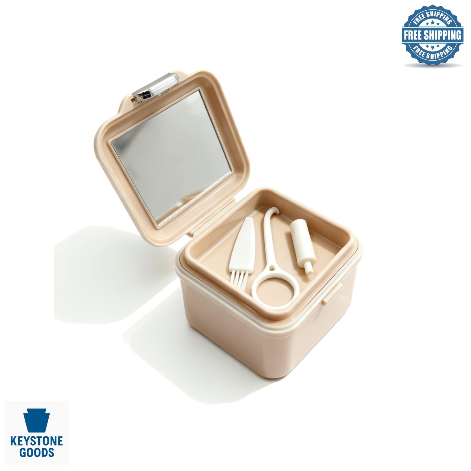 Portable Denture Cleaning & Storage Box with Mirror & Accessories