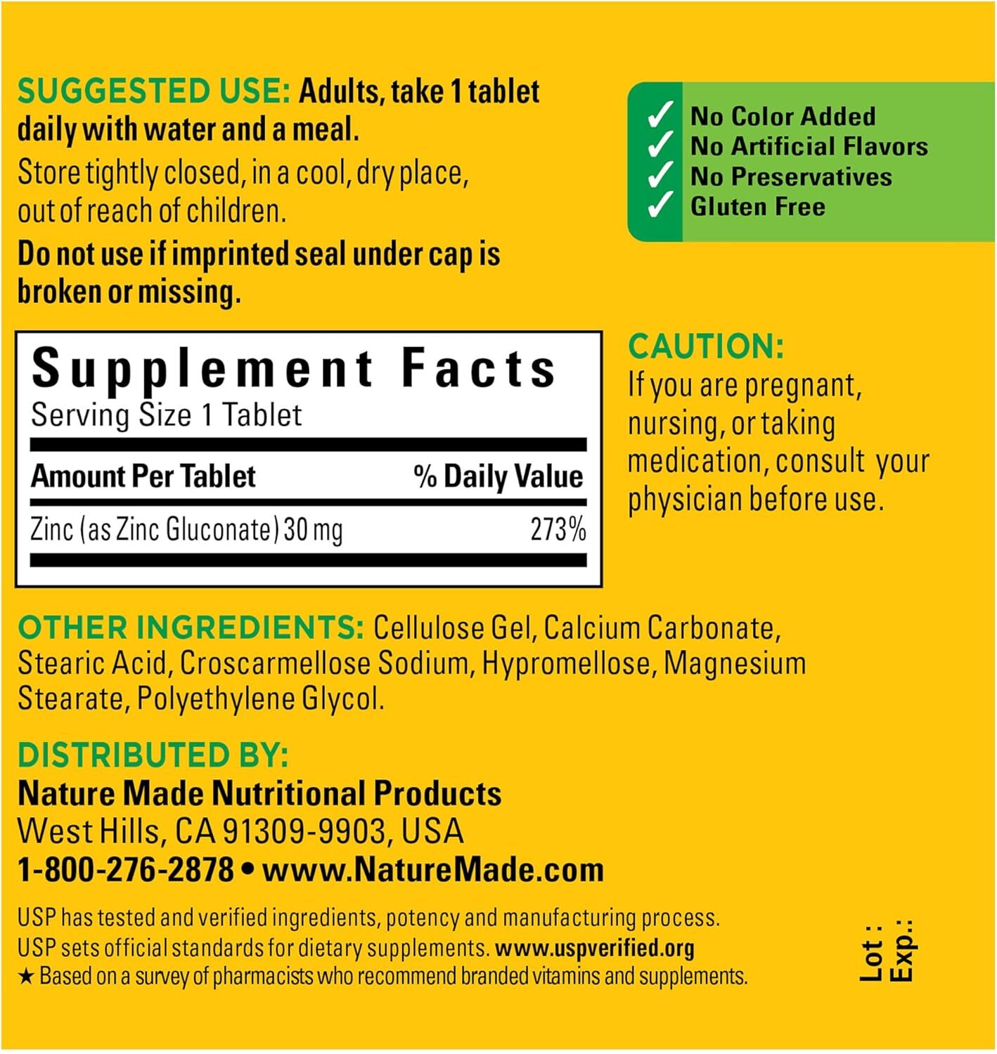 Nature Made Zinc 30 mg Dietary Supplement Immune Health and Antioxidant 100 Tabs