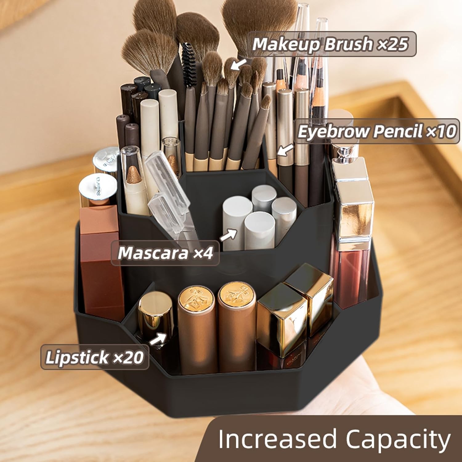 360° Rotating Black Makeup Brush Holder Organizer with 9 Slots,Makeup Organizers