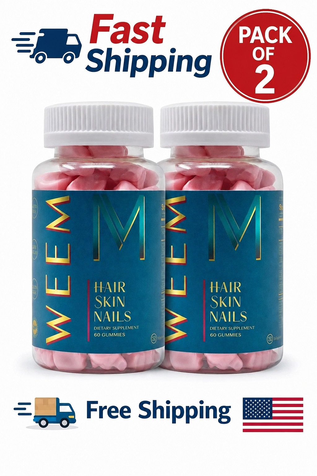 Pack 2, WEEM Hair Skin and Nails Gummies Supports Healthy Hair 60ct Fast shippin