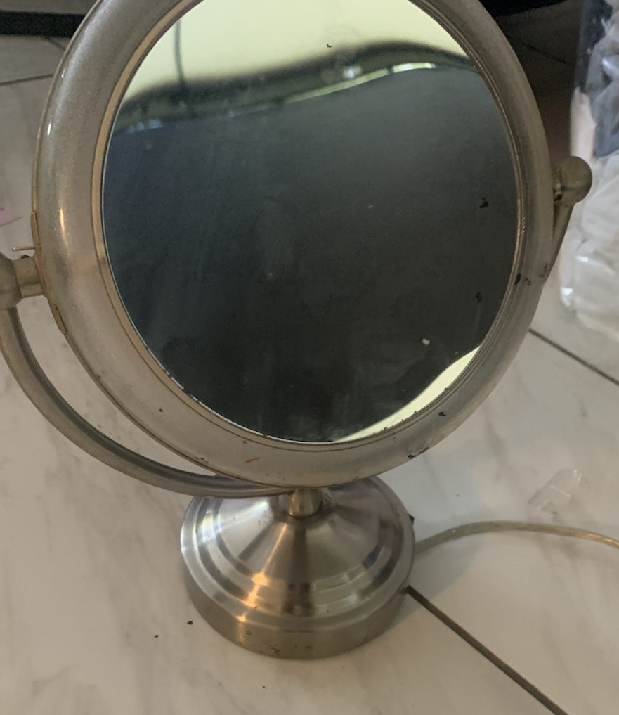 Vintage Round Dual-Sided Tabletop Make-Up Mirror Silver Tone Satin Metal