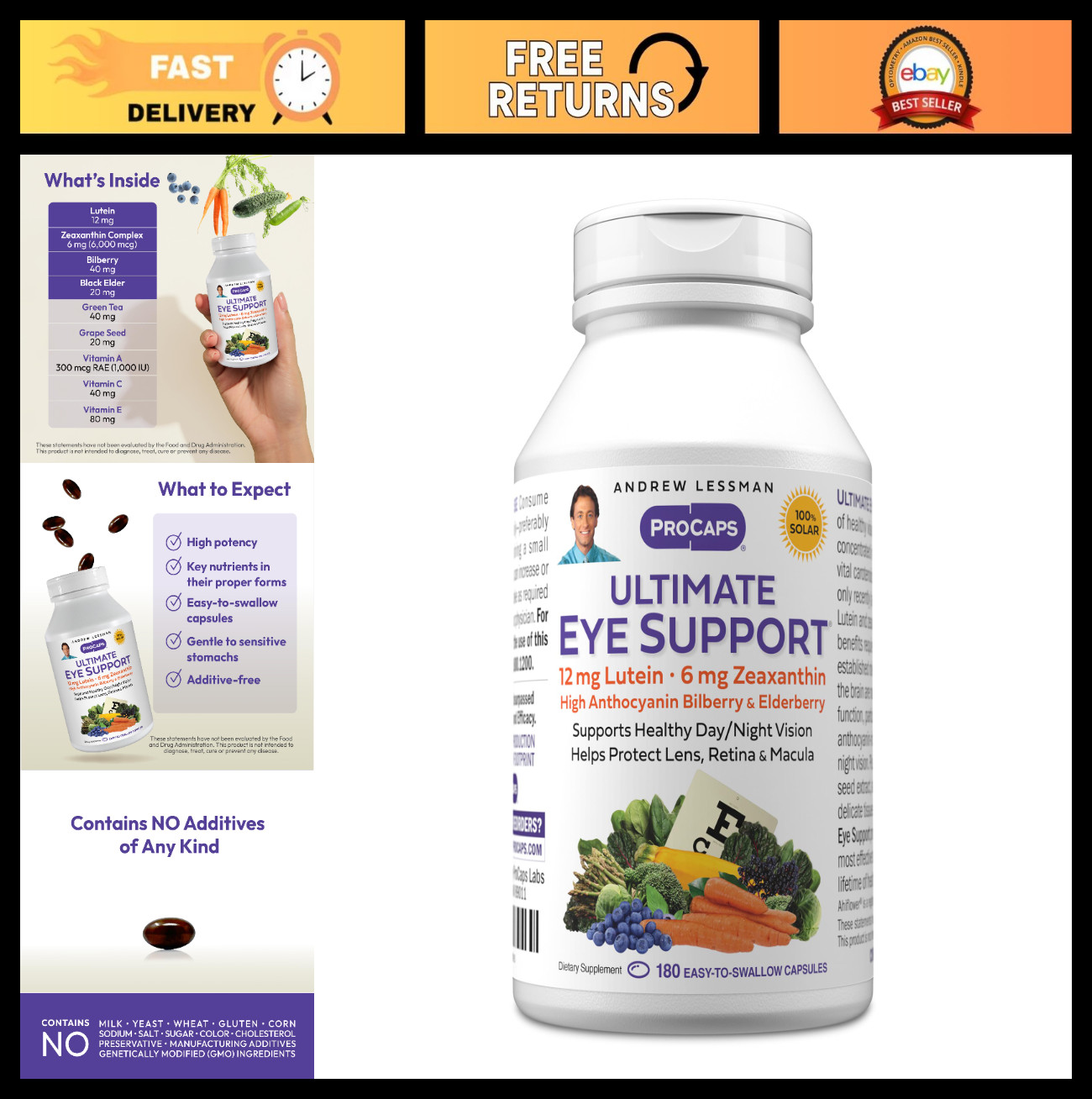 Ultimate Eye Support Softgels – 180 Count, 12mg Lutein, 6mg Zeaxanthin, Bilberry