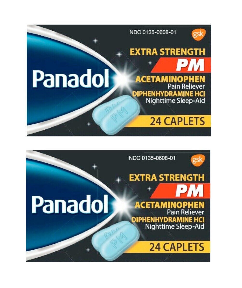 new (2) Box of PANADOL PM Acetaminophen 500 mg Extra Strength PM 24 Caplets