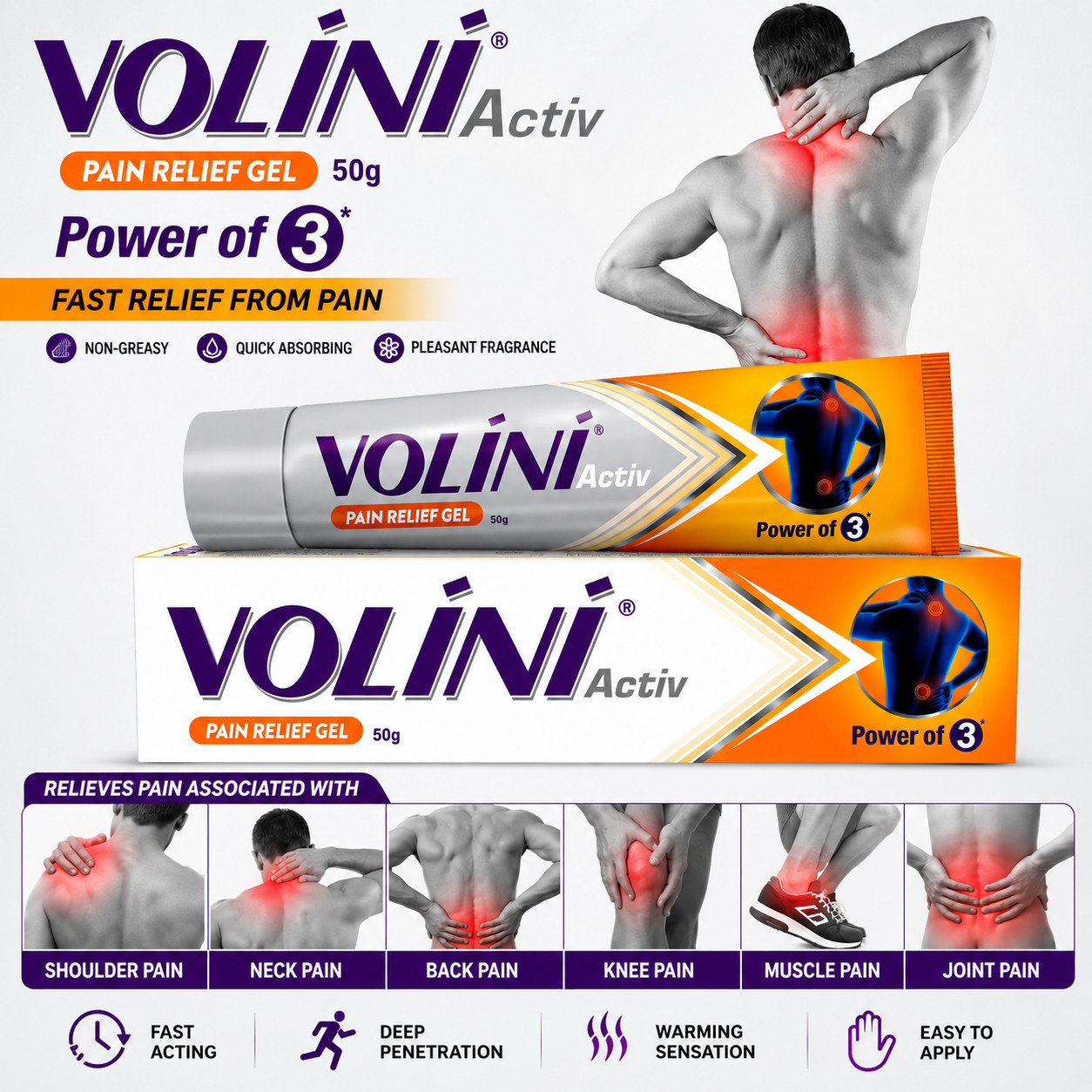 Volini Activ Pain Relief Gel 150g (5.29 oz) Pack of 3 Fast Back Neck Joint Pain