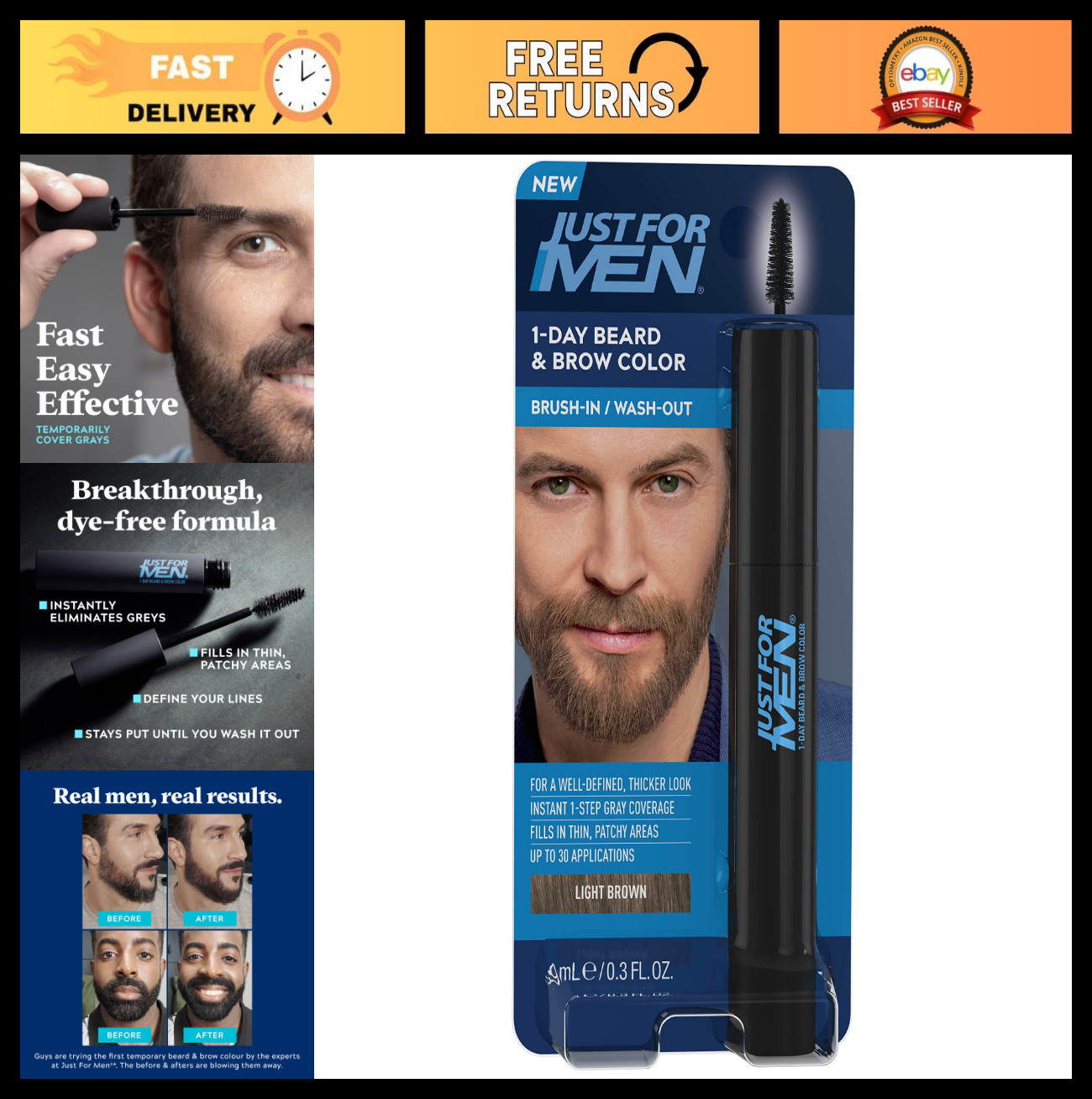 Temporary Beard & Brow Color – Light Brown, 1-Day Application, Fuller Look, 30 U