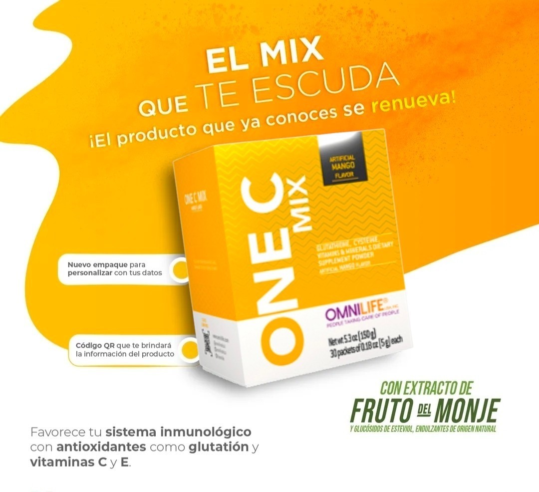 Omnilife One C Mix, un suplemento dietético en polvo sabor mango.