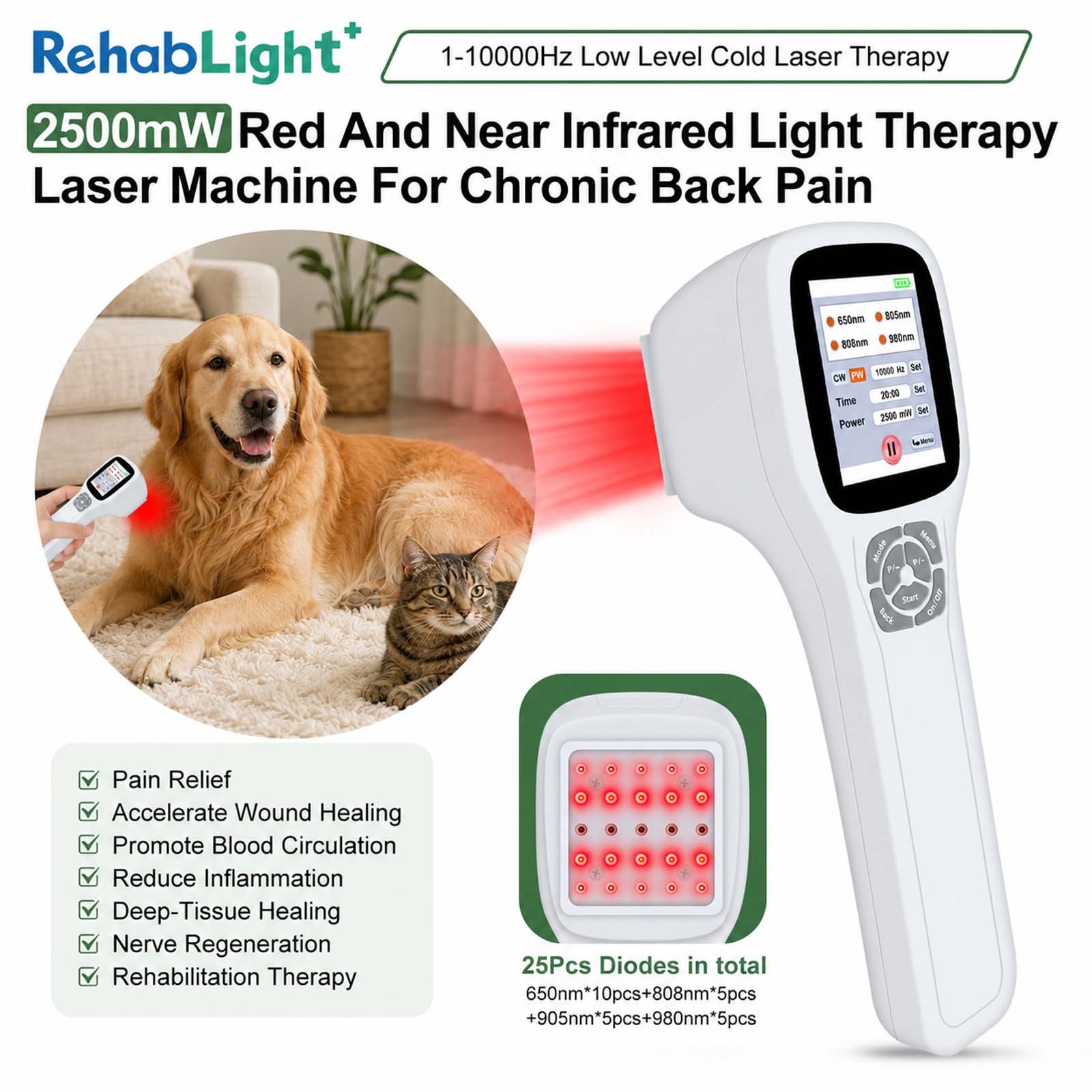 2500mW Quad Wavelength Laser Therapy Device HUman Pet Muscle Joint Pain Relief