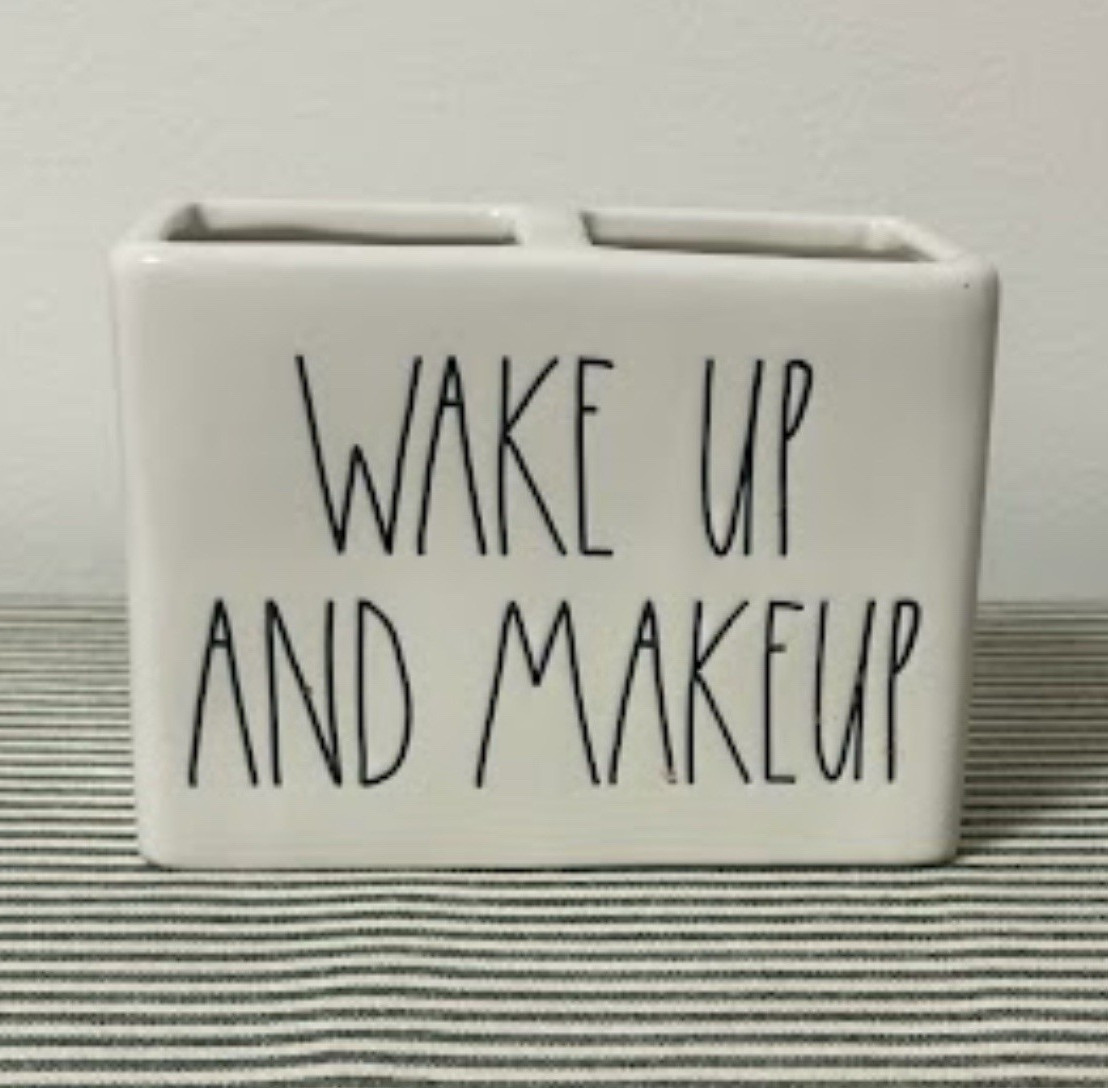 Rae Dunn Ceramic Cosmetic Holder, White/Black, “WAKE UP AND MAKEUP”